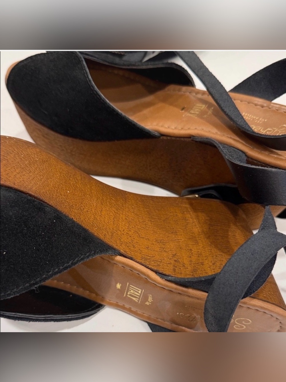 Seychelles Italian Sandals Black Suede Upper, Brown Wood Lower Size 8